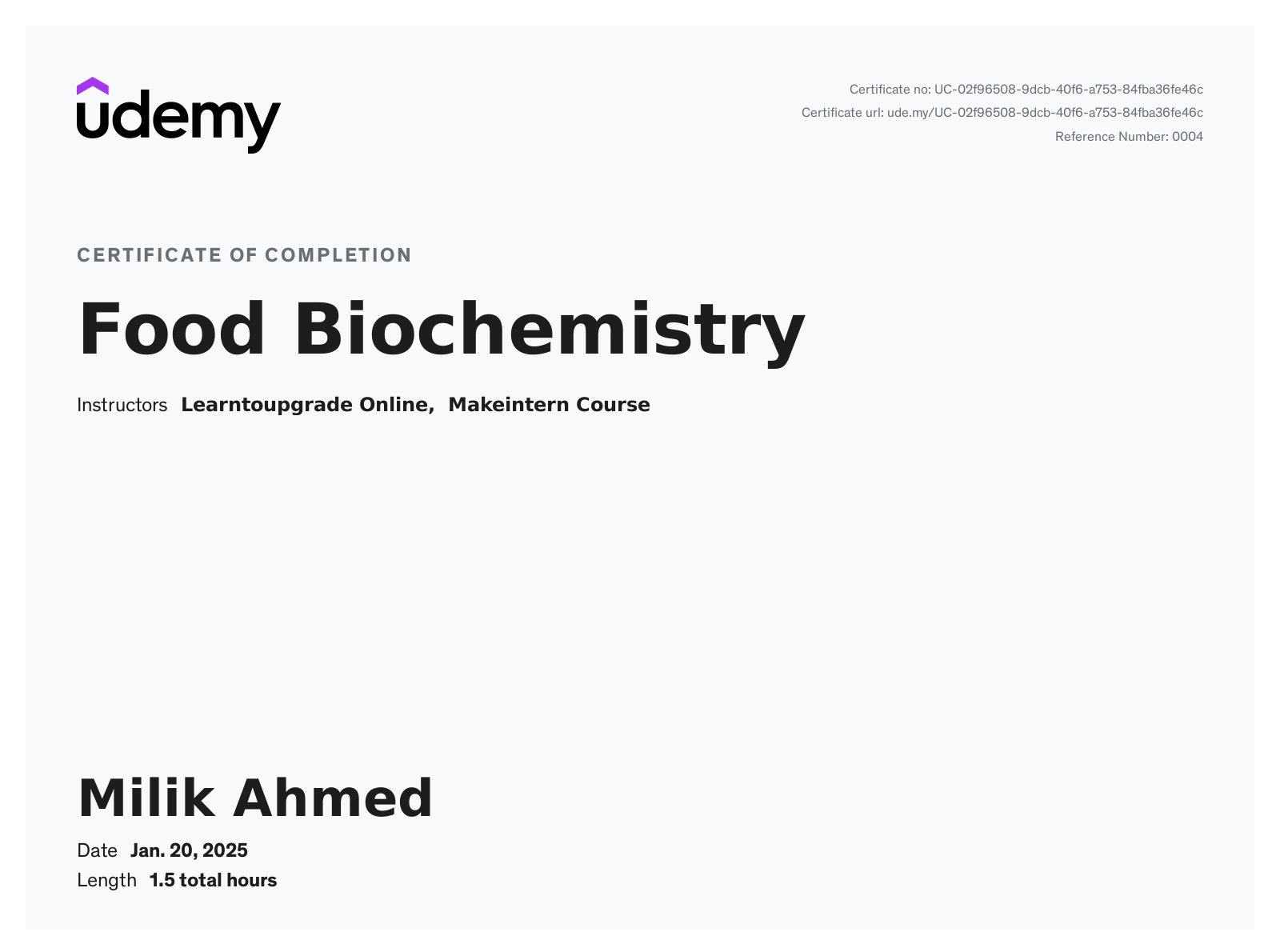 Food Biochemistry Certificate
