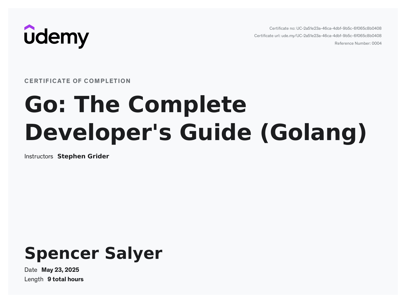 My Udemy Golang Certificate