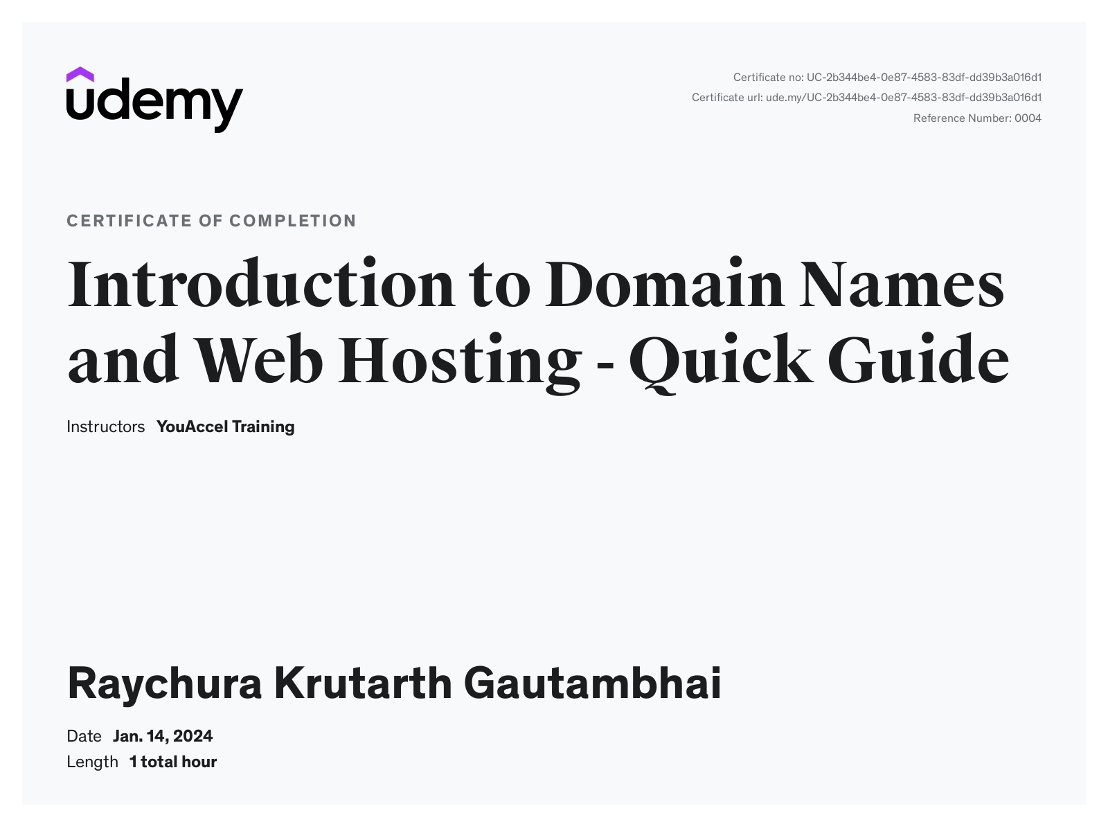 Domain Names and Web Hosting Certificate