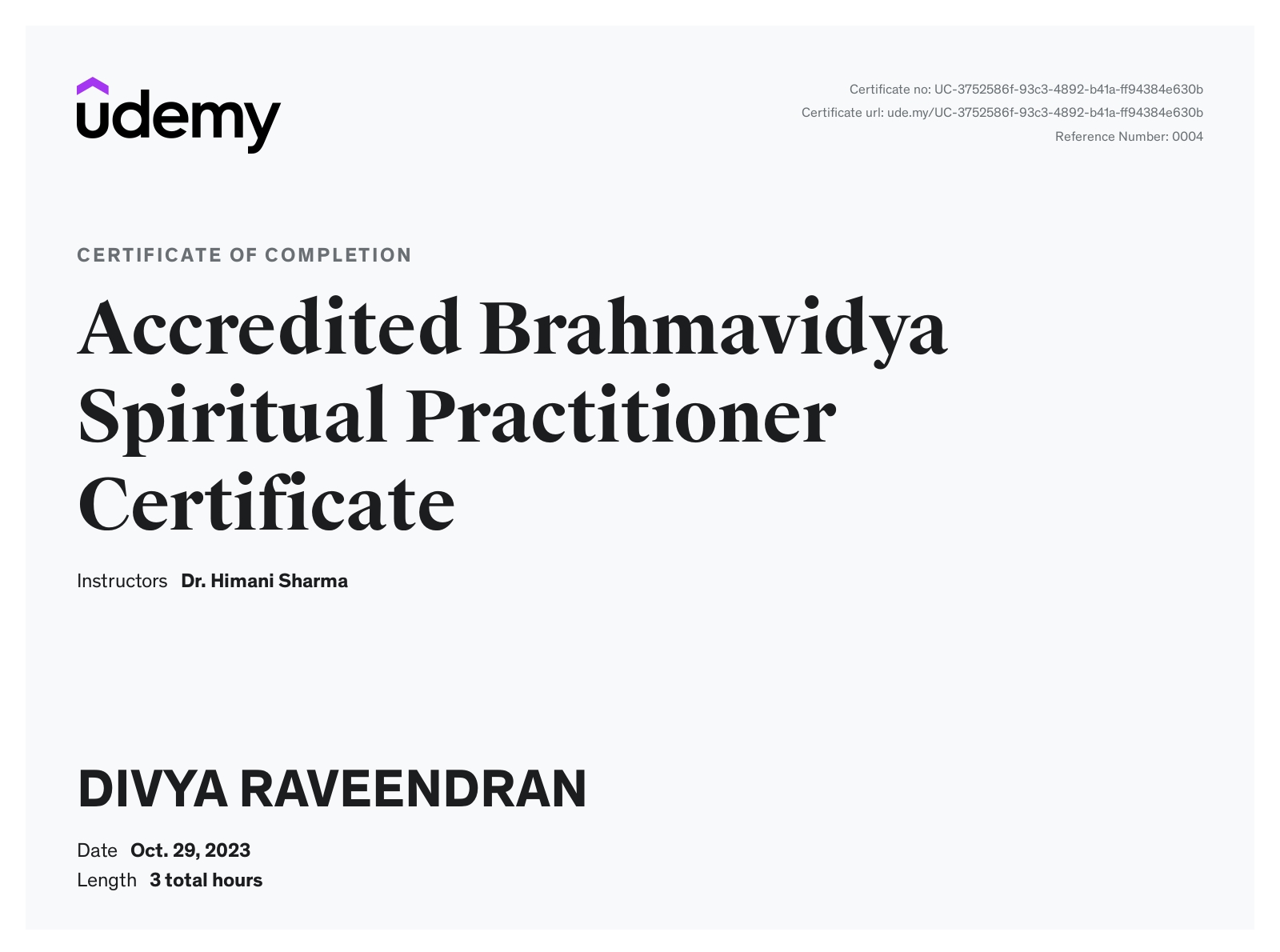 Accredited Brahmavidya Spiritual Practitioner Certificate