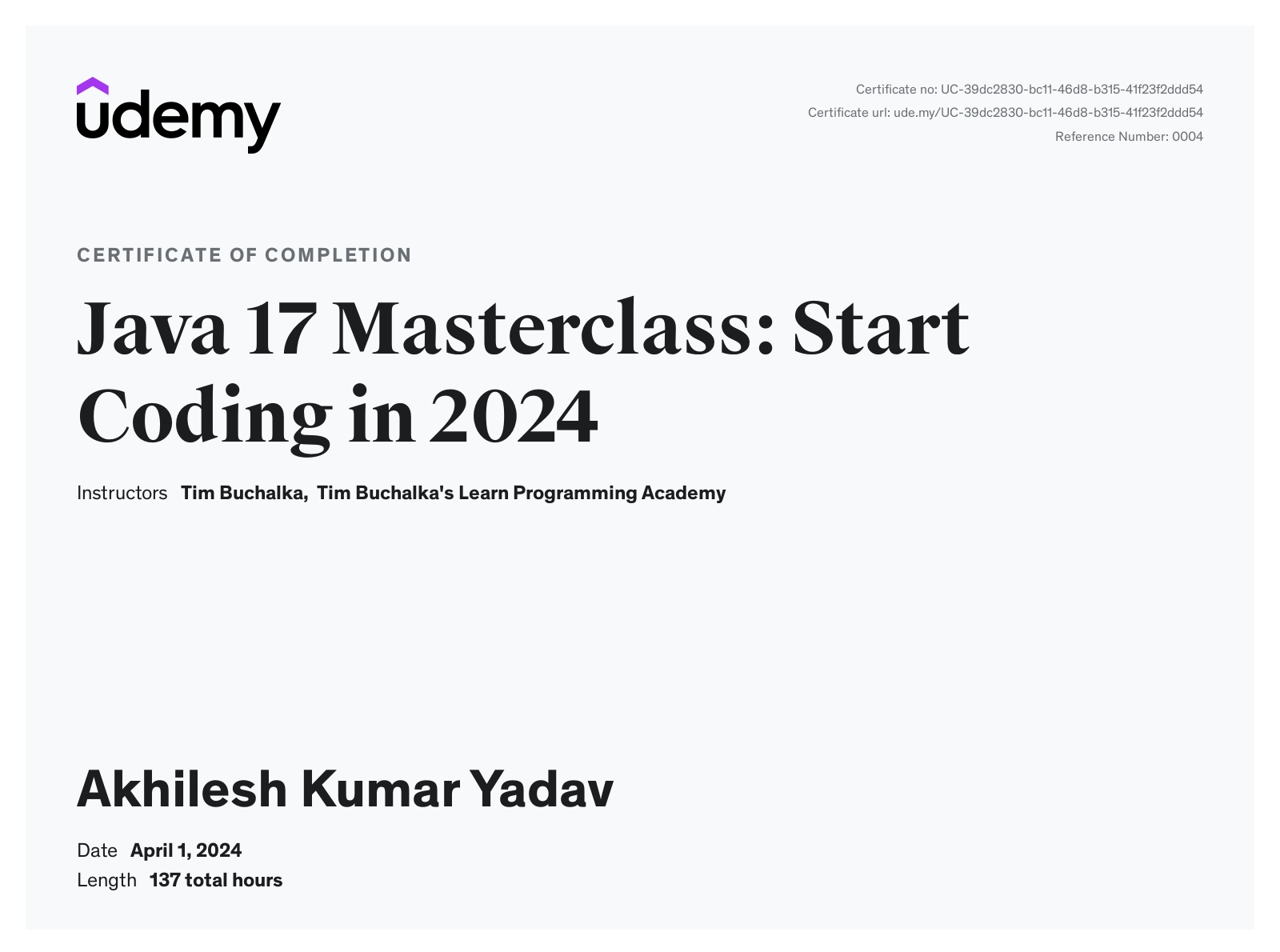 Java 17 Masterclass certificate