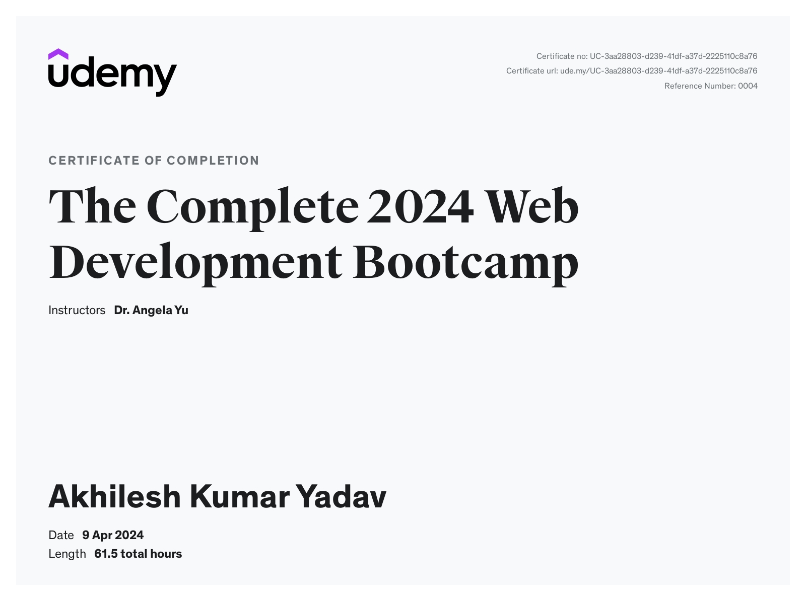 The Complete 2024 Web Development Bootcamp certificate