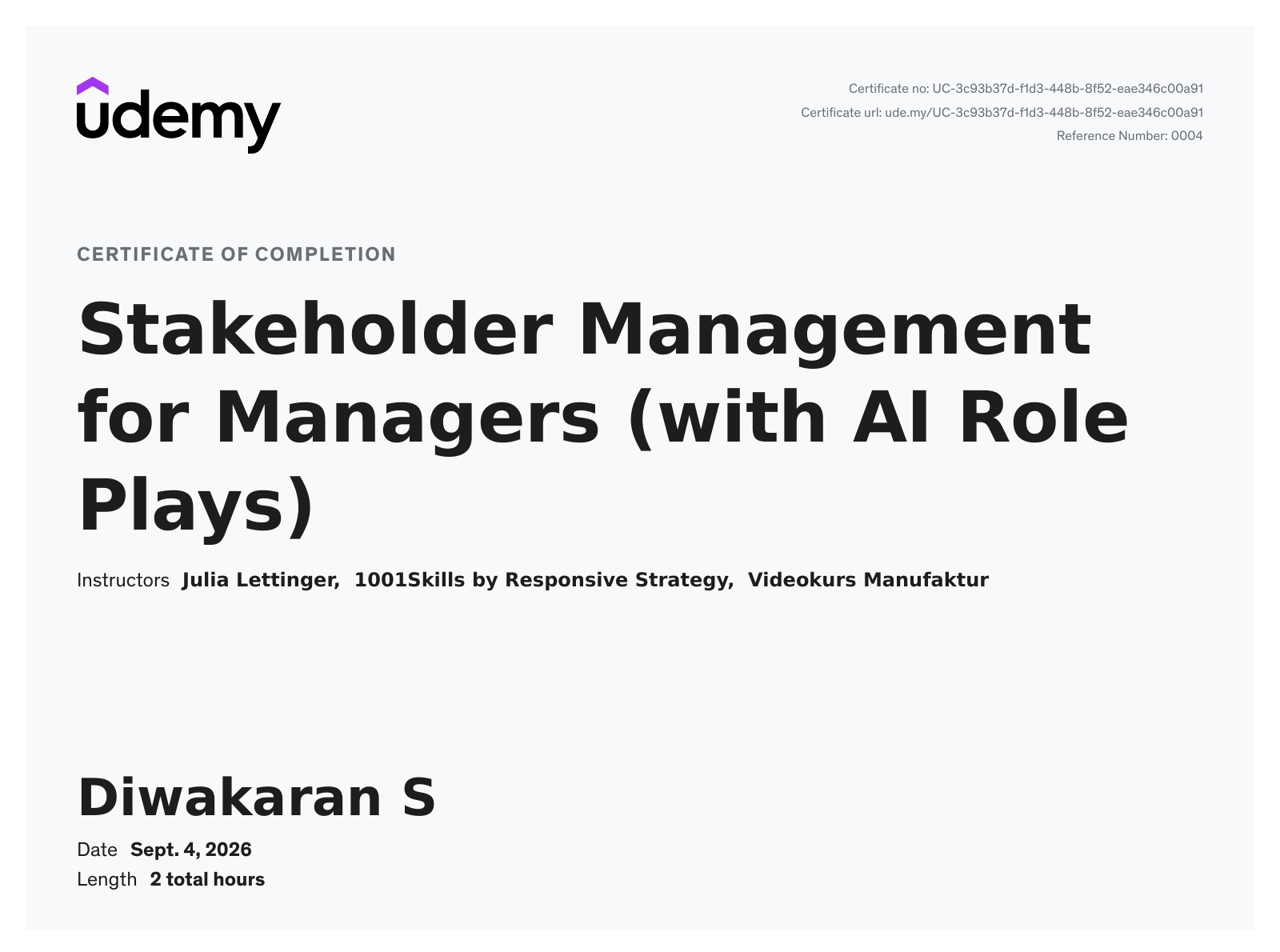 Udemy certificate of completion — Stakeholder Management for Managers (with AI Role Plays)