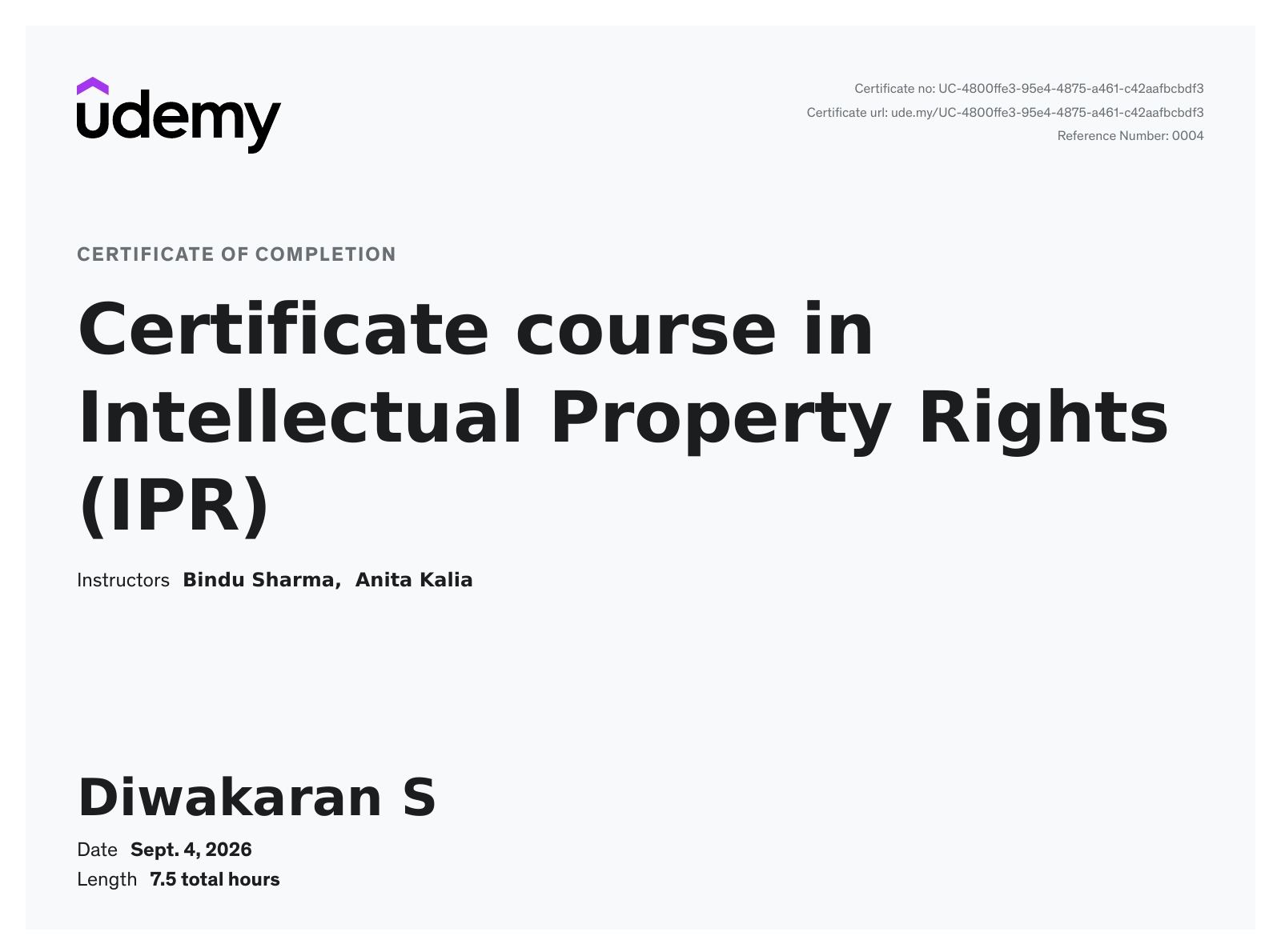 Udemy certificate of completion — Certificate course in Intellectual Property Rights (IPR)