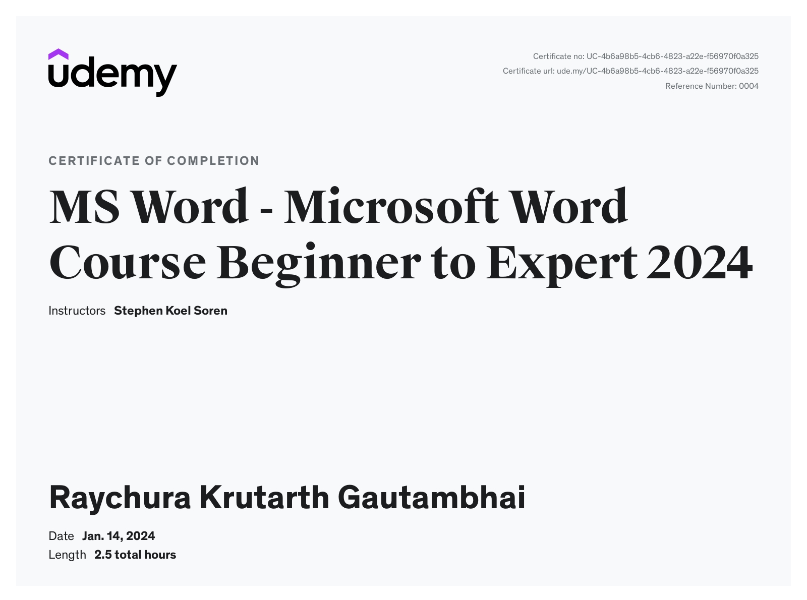 MS Word for Novice Certificate