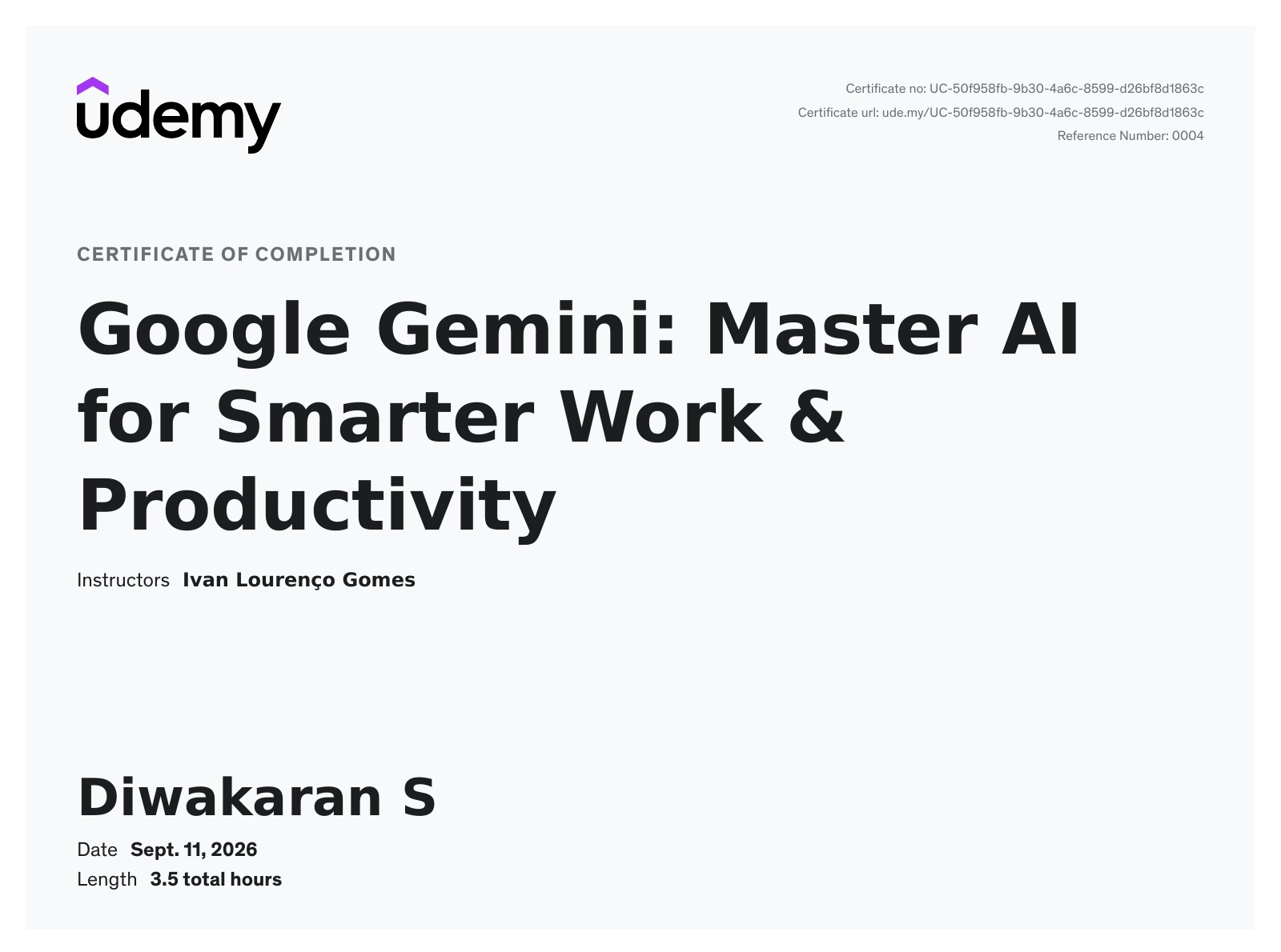 Udemy certificate of completion — Google Gemini: Master AI for Smarter Work & Productivity