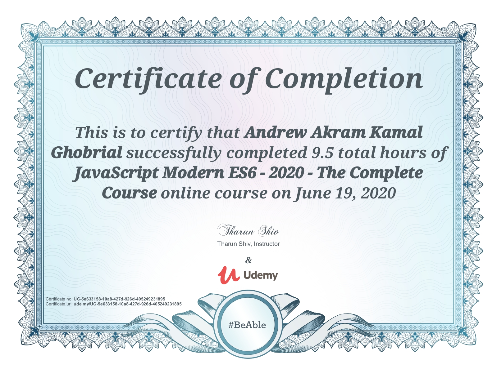 JavaScript Modern ES6 - 2020 credential