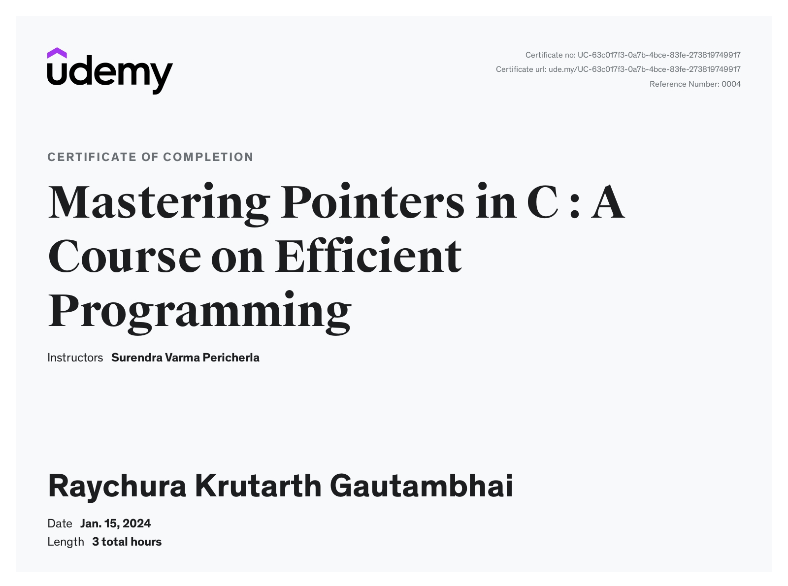 Mastering Pointers in C Certificate