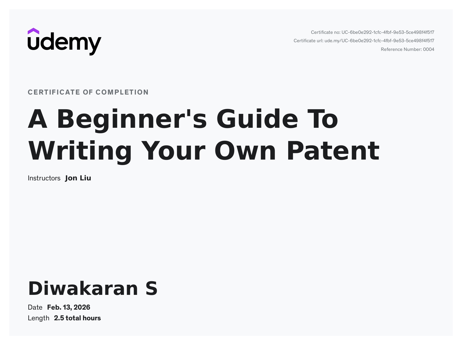 Udemy certificate of completion — A Beginner's Guide To Writing Your Own Patent