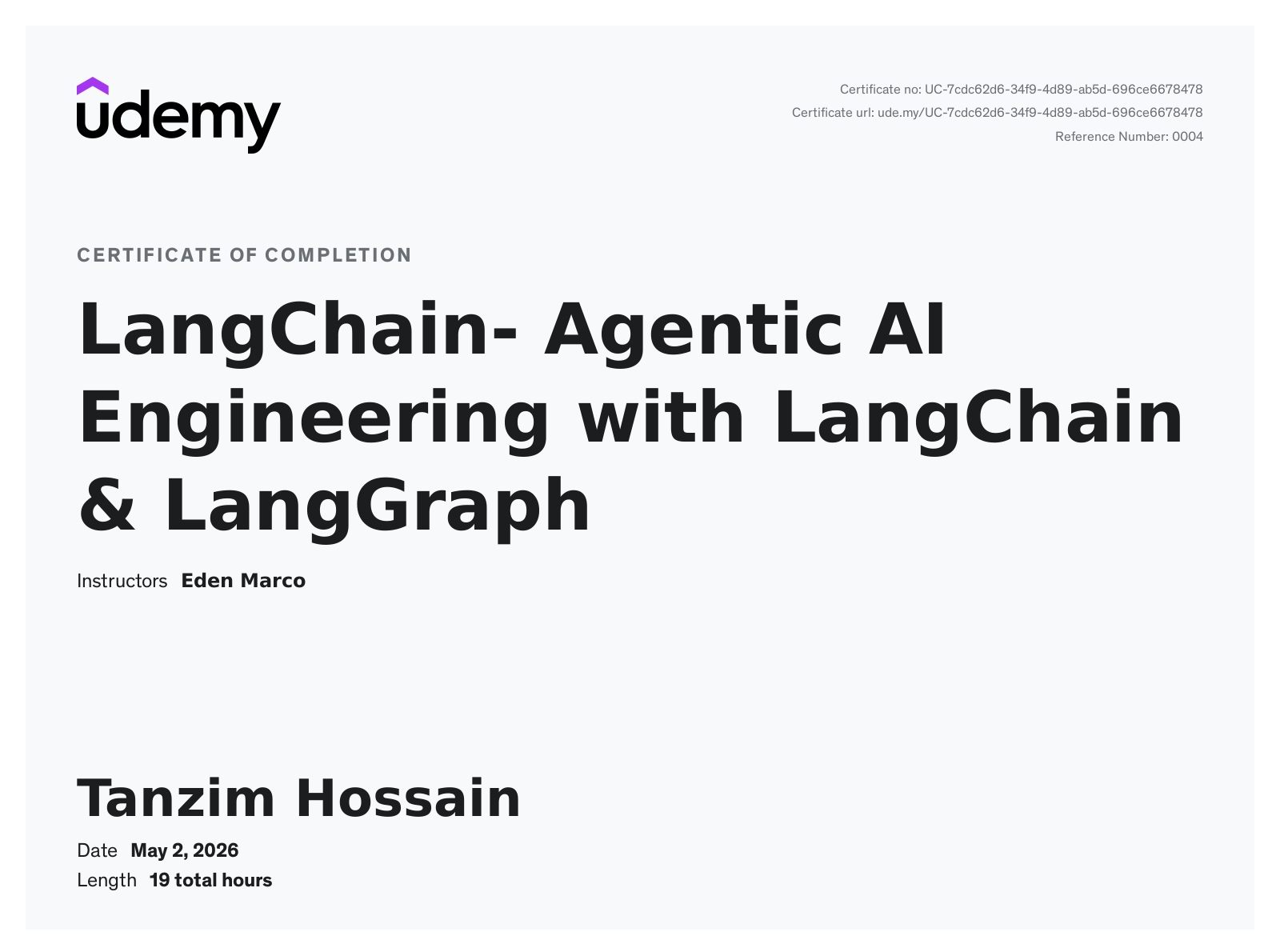 LangChain: Agentic AI Engineering with LangChain & LangGraph — certificate thumbnail