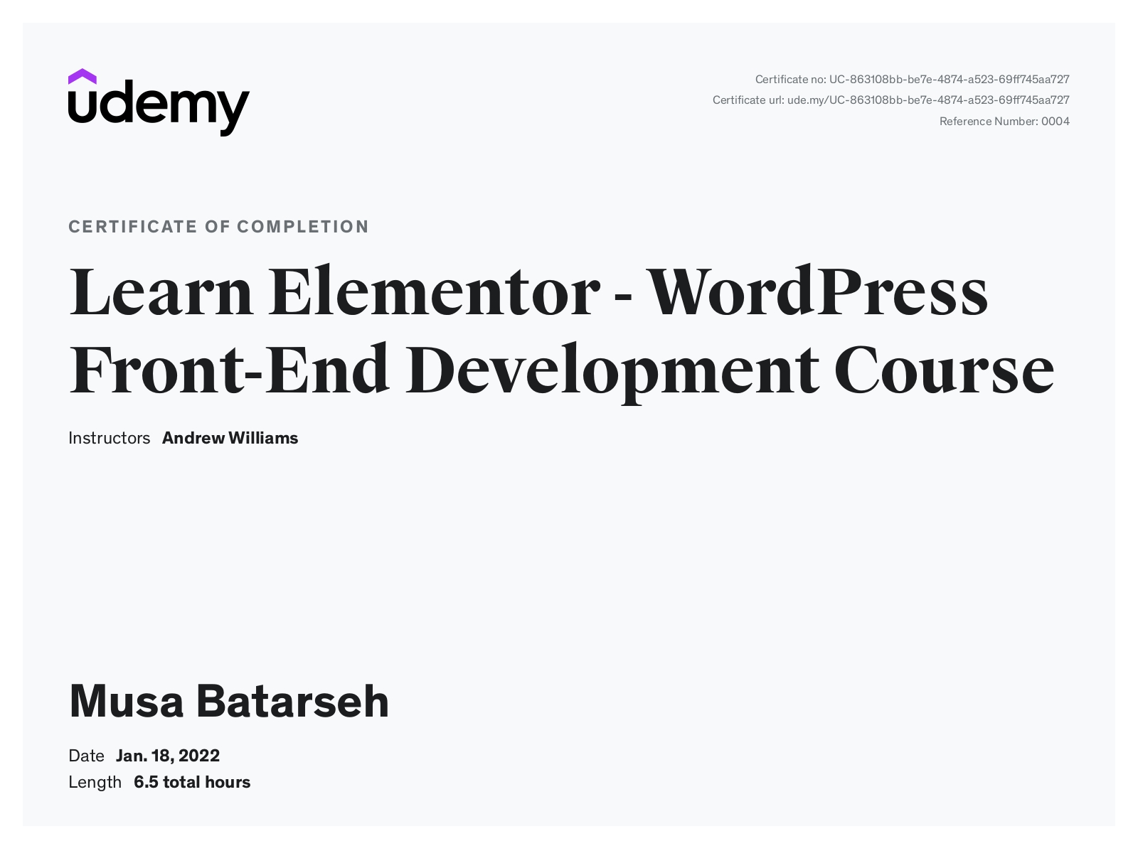 Official Udemy certificate for WordPress Front-End Development Course, completed by Mousa Batarseh.