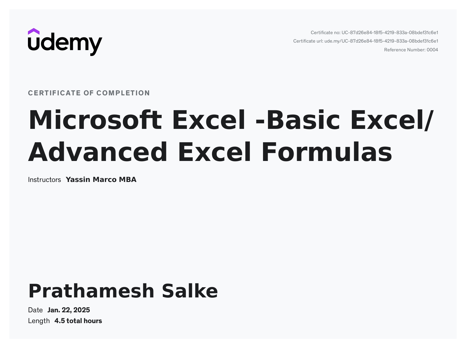 Microsoft Excel Certificate