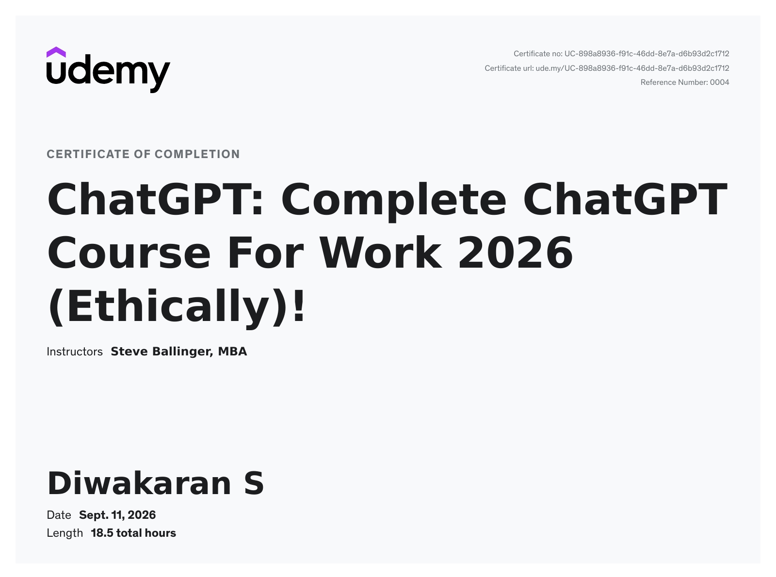 Udemy certificate of completion — ChatGPT: Complete ChatGPT Course For Work 2026 (Ethically)!