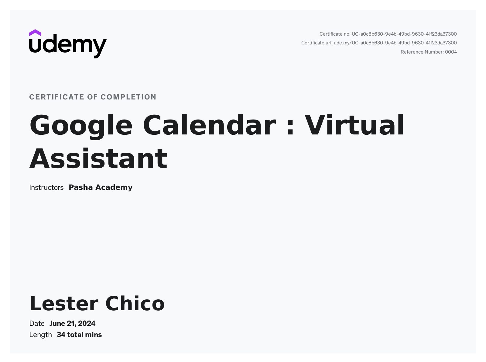 Google Calendar : Virtual Assistant Certificate Preview