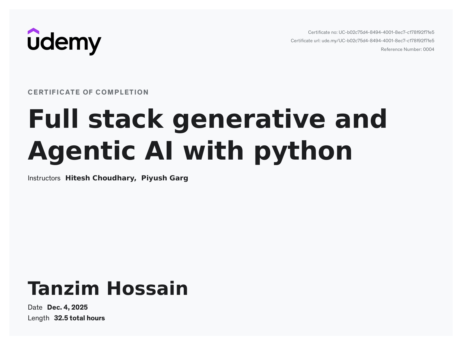 Full Stack Generative and Agentic AI with Python — certificate thumbnail