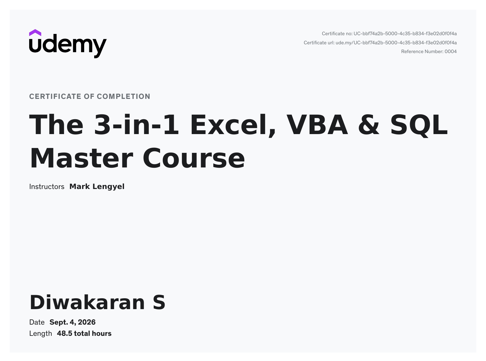 Udemy certificate of completion — The 3-in-1 Excel, VBA & SQL Master Course