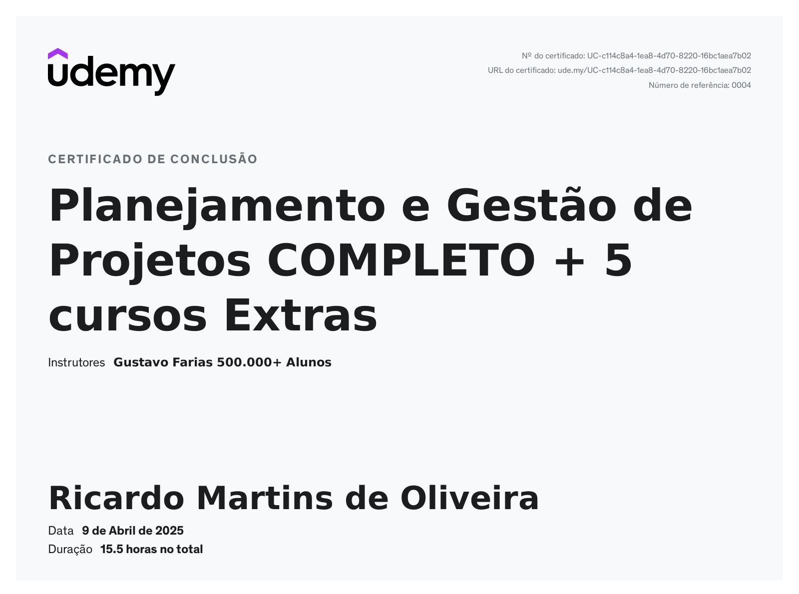 Certificado Planejamento e Gestão de Projetos