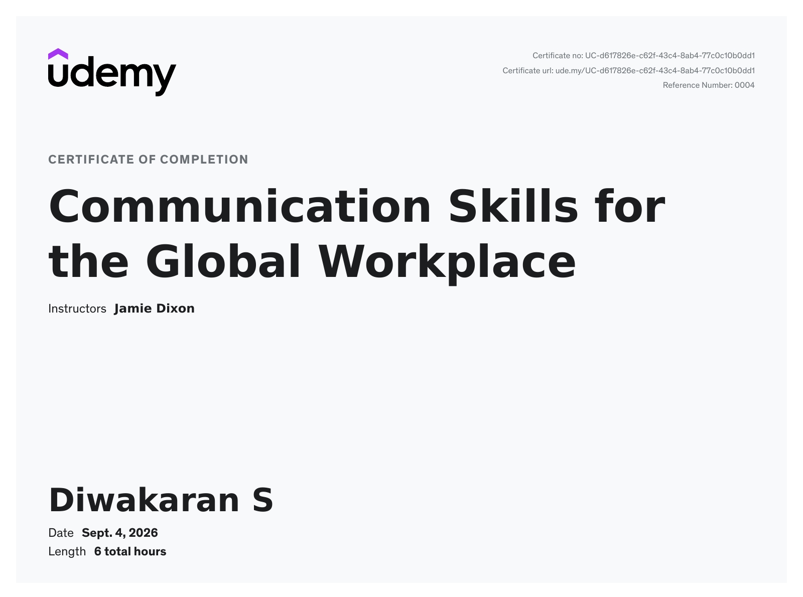 Udemy certificate of completion — Communication Skills for the Global Workplace