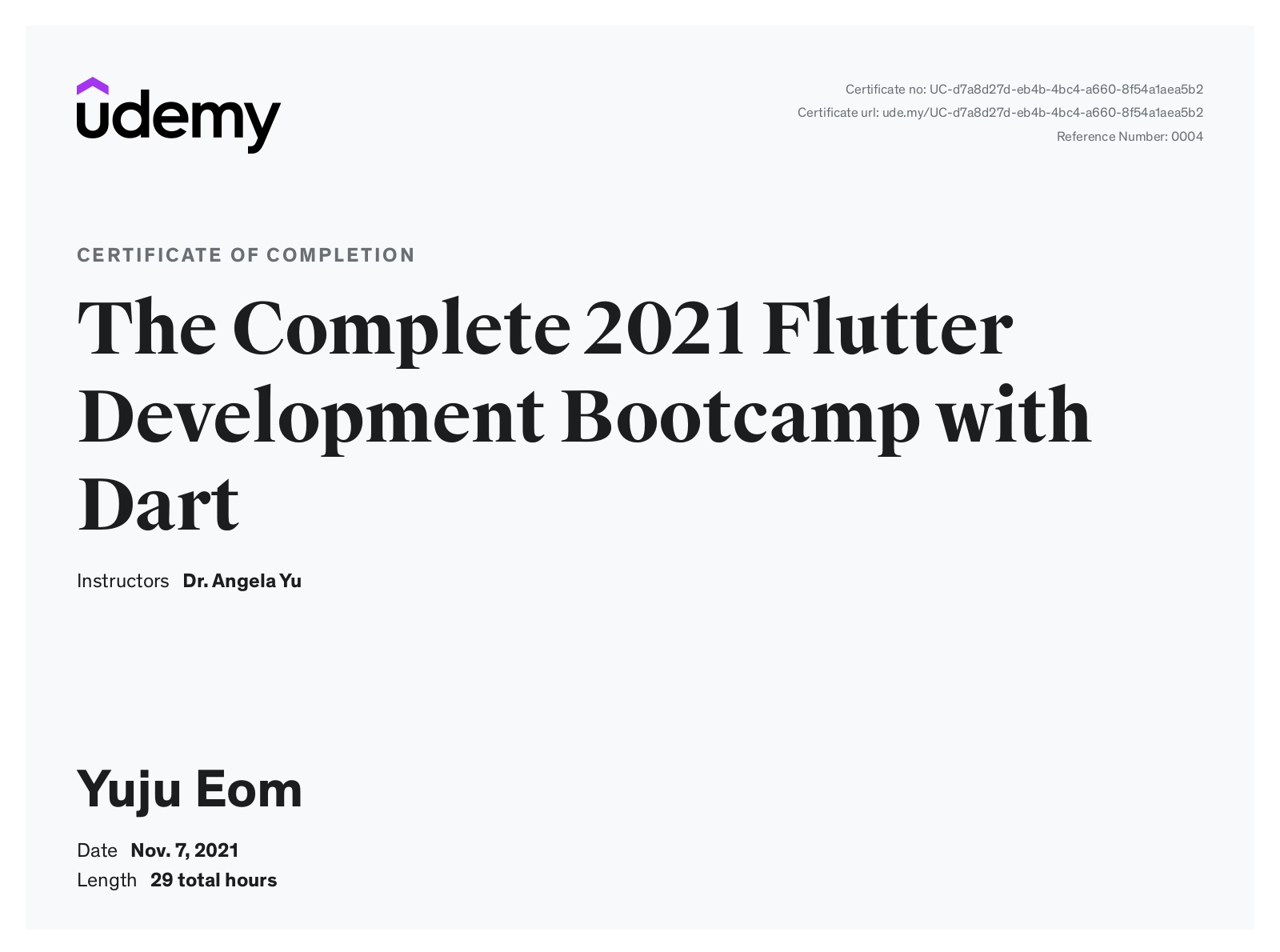 안젤라 flutter부트캠프 수료증