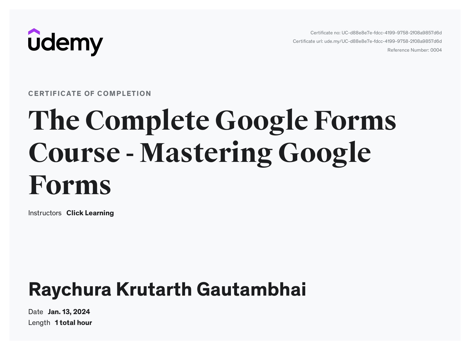 Google Forms Course Certificate