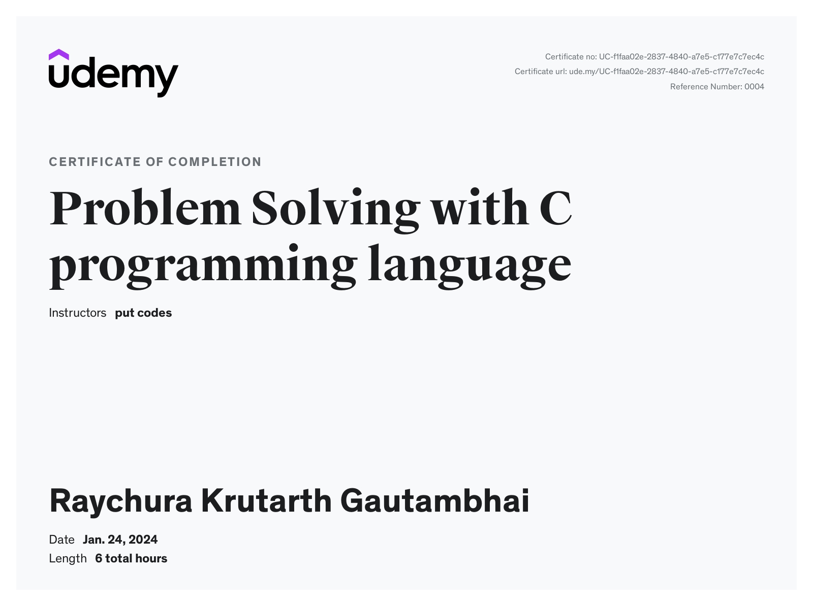 Problem Solving with C Certificate