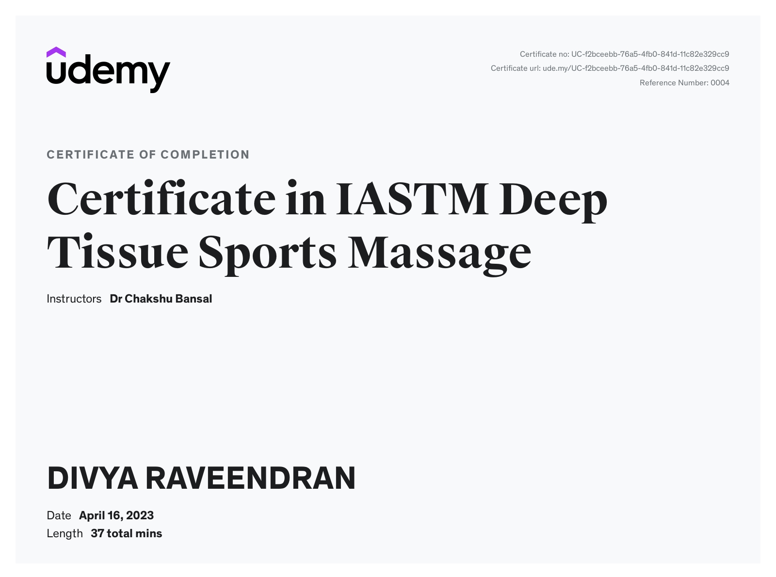 Certificate in IASTM Deep Tissue Sports Massage